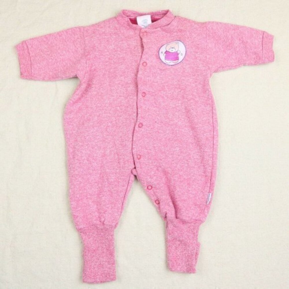 Vintage Baby Romper Size 6-9 Month Infant Jumper Outfit Cozy Cuff Bear Patch